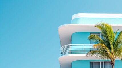 Pastel blue and white curved architecture of a modern building with a palm tree in the foreground under a clear sky - Powered by Adobe