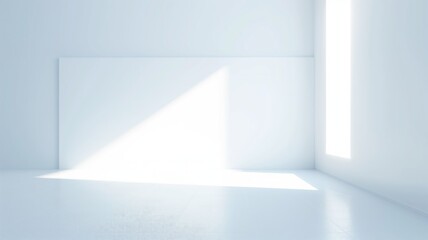 Minimalistic interior with a bright white wall and a ray of sunlight entering through an open space