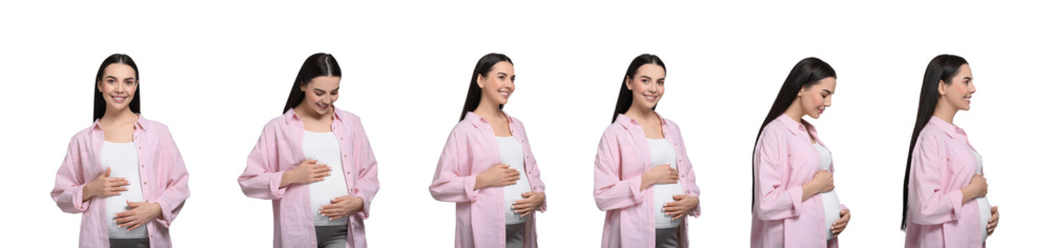 Pregnant woman on white background, collection of photos