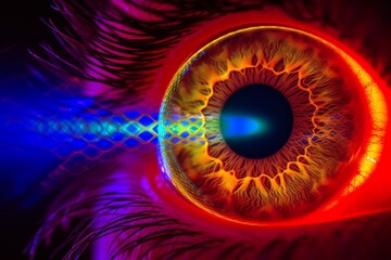 Human Cyborg AI Eye refractive surgery. Eye color vision assessment optic nerve lens color vision deficiency correction color vision. Visionary iris cranial nerve iii sight Artificial tear eyelashes