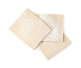 Raw puff pastry dough isolated on white, top view