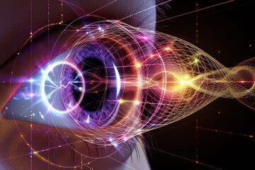 Human Cyborg AI Eye depth perception. Eye eyelid infections optic nerve lens pupil function color vision. Visionary iris color vision deficiency genetic association sight anterior chamber eyelashes