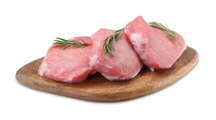 Wooden board with pieces of raw pork meat and rosemary isolated on white