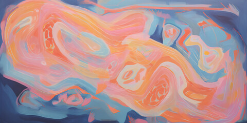 Fototapeta premium Abstract pastel vibrant colors gouache paint flow, swirl and splatter texture pattern background. Dynamic composition of shapes, modern art painting wallpaper backdrop