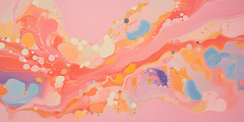 Abstract pastel vibrant colors gouache paint flow, swirl and splatter texture pattern background. Dynamic composition of shapes, modern art painting wallpaper backdrop