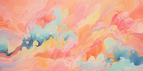 Fotobehang Abstract pastel vibrant colors gouache paint flow, swirl and splatter texture pattern background. Dynamic composition of shapes, modern art painting wallpaper backdrop © Gajus