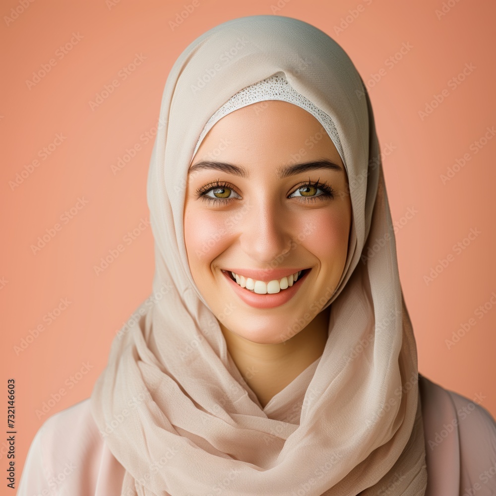 Poster studio shot of a smiling muslim young woman wearing a hijab on a flat colored background