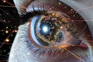 Human Cyborg AI Eye ocular trauma surgery. Eye ptosis optic nerve lens visual impairment color vision. Visionary iris lacrimal duct obstruction sight cone specific color vision defects eyelashes