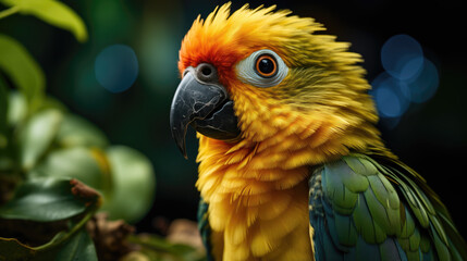 A brightly colored sun ara parrot peeks through the green leaves.