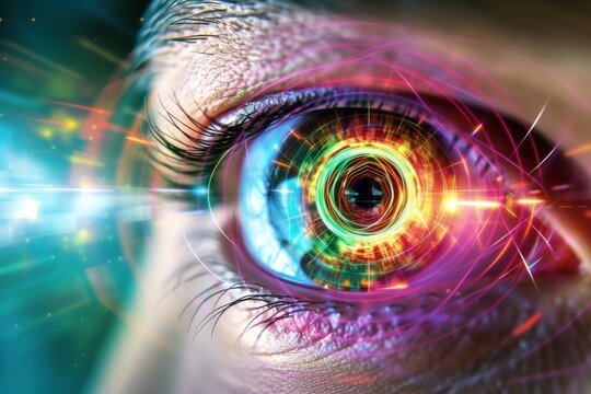 Human Cyborg AI Eye color blindness test. Eye pupillary constriction optic nerve lens visual cortex color vision. Visionary iris laser vision correction surgery sight ocular dominance eyelashes