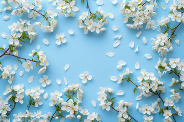 Top view Flat lay blossom spring flowers on blue background
