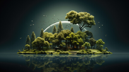 A fantastic floating island with green trees and a cabin under the night sky and moon.