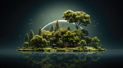 Foto op Plexiglas A fantastic floating island with green trees and a cabin under the night sky and moon. © Eyd_Ennuard
