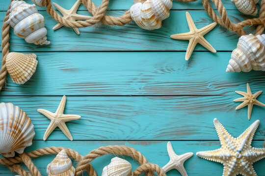 Top view starfishes shells and rope with rope on blue wooden background, Flat lay Minimal summer travel holiday vacation concept,