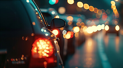 Rear views of cars and colorful abstract bokeh from city streetlights during a traffic jam. - obrazy, fototapety, plakaty