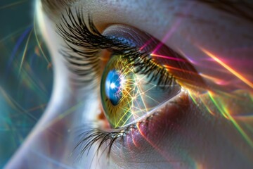 Human Cyborg AI Eye space. Eye visual field test optic nerve lens Miotic eye drop color vision. Visionary iris Chemical conjunctivitis eye drop sight color vision deficiency studies eyelashes - obrazy, fototapety, plakaty