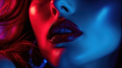 Close-up of a woman's face illuminated in blue and red lighting, her eyes closed and lips slightly parted