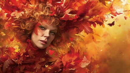 A woman adorned with autumn leaves and a warm, golden color palette, evoking the essence of fall with a whimsical and artistic composition