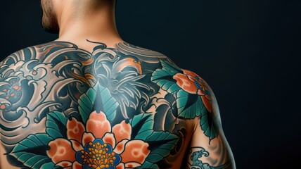 Back view of a person with an intricate, full-back tattoo featuring traditional Japanese motifs
