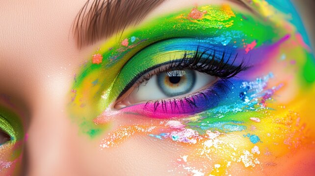 Macro image of a female eye with a colorful makeup design suggesting beauty and cosmetics themes
