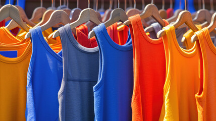 Colorful tank tops hanging on a market rack