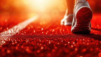 Close-up of a runner's shoes on a sparkling red track - obrazy, fototapety, plakaty
