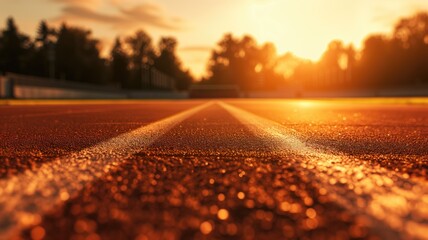 Close-up view of a red running track under sunset