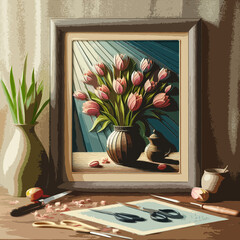 cutout image of colorful tulips in a frame.