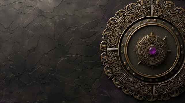 An intricate, ornate circular emblem with a central purple gem on a textured dark background