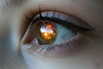 Naklejka premium Human Cyborg AI Eye descemet membrane endothelial keratoplasty. Eye macro optic nerve lens presbyopia color vision. Visionary iris eyelid surgery sight Preservative free eye drop eyelashes