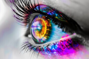 Human Cyborg AI Eye optic nerve. Eye brainstorming optic nerve lens color vision deficiency consequence color vision. Visionary iris refractive surgery sight optical aberrations eyelashes - obrazy, fototapety, plakaty