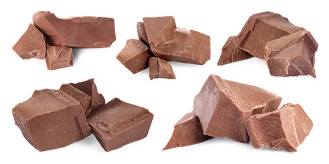 Pieces of tasty chocolate isolated on white, set
