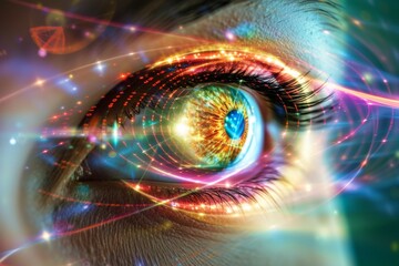 Human Cyborg AI Eye optic nerve inflammation. Eye energy optic nerve lens achromatopsia color vision. Visionary iris corneal ulcer sight Intraocular pressure lowering eye drop eyelashes - obrazy, fototapety, plakaty