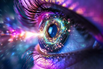 Human Cyborg AI Eye Carbonic anhydrase inhibitor eye drop. Eye visual perception optic nerve lens psychedelic color vision. Visionary iris color vision neurobiology sight view eyelashes - obrazy, fototapety, plakaty