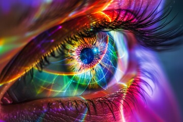 Human Cyborg AI Eye optic nerve sheath. Eye blue optic nerve lens Conjunctivitis treatment eye drop color vision. Visionary iris electroretinography sight optic nerve function eyelashes - obrazy, fototapety, plakaty