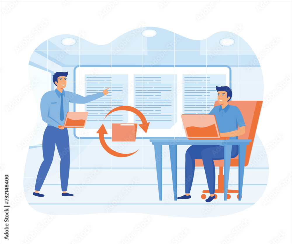 Poster file sharing concept. people transfer files in encrypted form, transfer documentation. flat vector m