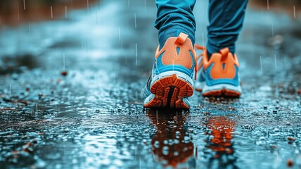 Running shoes in the rain on a wet road