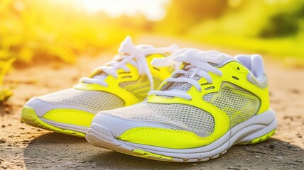Bright yellow sports shoes on a sunny trail