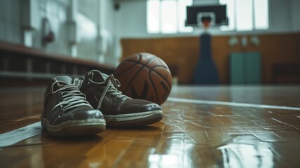 Basketball shoes next to a ball on a gym floor