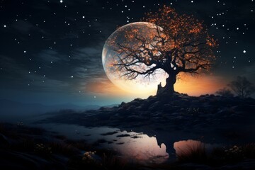 Fototapeta na wymiar Serene Moon meadow tree. Dark star. Generate Ai