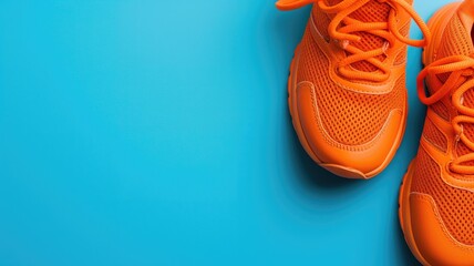 Bright orange sneakers on a blue background - obrazy, fototapety, plakaty