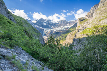 Fototapeta na wymiar The massif of Grosses Fiescher horn peak over the glacial valley - Switzerland - Grindelwald.