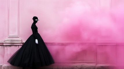 Silhouette of a woman in black dress against pink wall