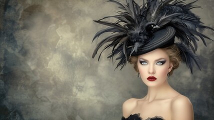 Woman with dramatic black feathered hat