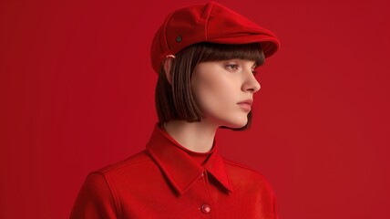 Woman in a red outfit with a stylish cap