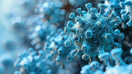 A high-resolution image showcasing the complex surface of a virus in blue, symbolizing medical research and health.