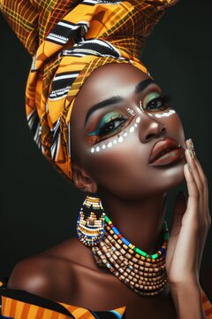A woman with a colorful head wrap and bright makeup.
