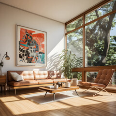mid century modern living room,interior photography,big window,bright sun