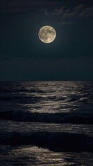 Naklejka na ściany i meble A full moon rising over the ocean on a dark night.