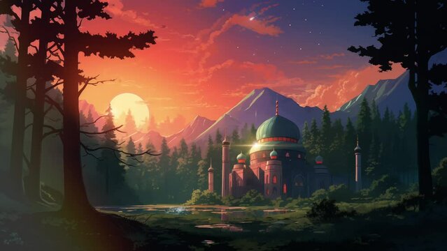 An animated illustration of a simple mosque in the middle of a forest with a nighttime atmosphere, suitable for an Islamic celebration theme. Background animation.